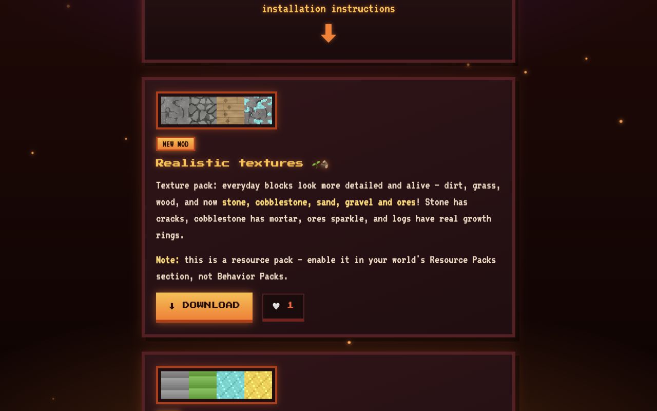 Mod gallery showing realistic textures, a block preview and a download button