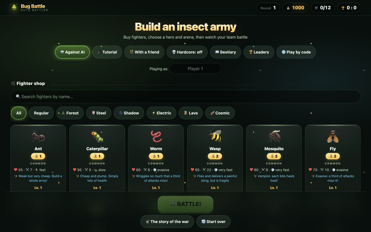 Bug Battle fighter shop with element filters, insect cards and attributes