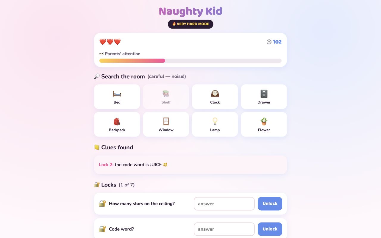 Screenshot of Naughty Kid: a room to search and seven locks