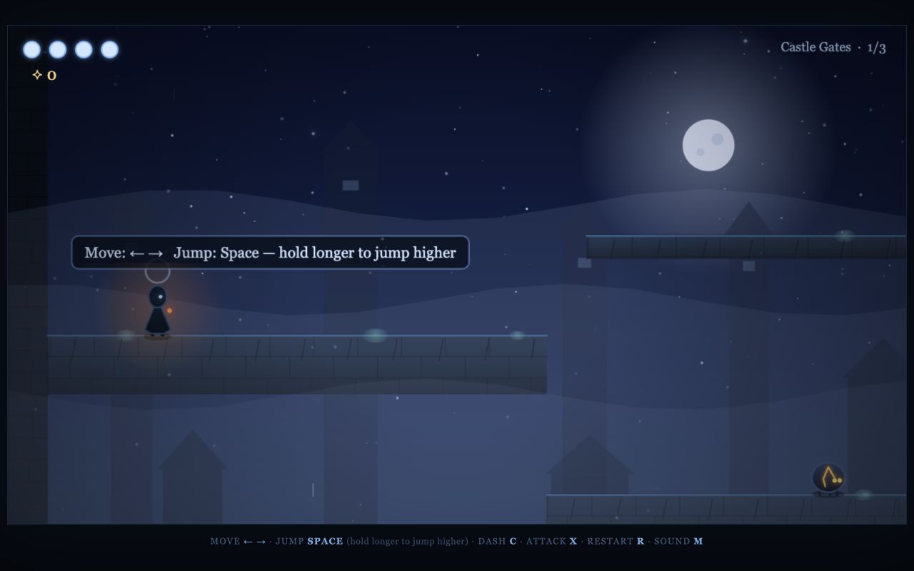 Game scene: a traveller with a lantern in a ruined castle under the moon