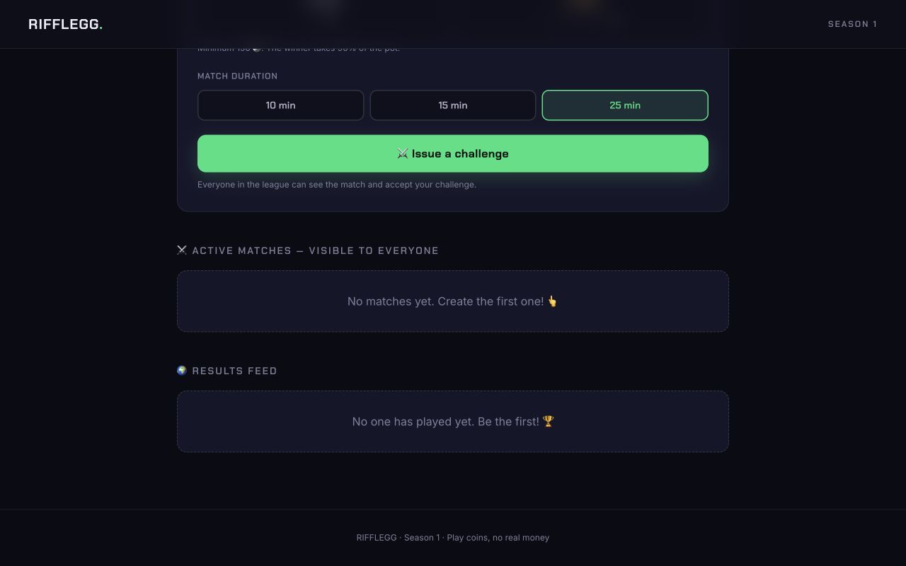 League interface: create a match, choose a mode, coin stakes, prize pool and duration