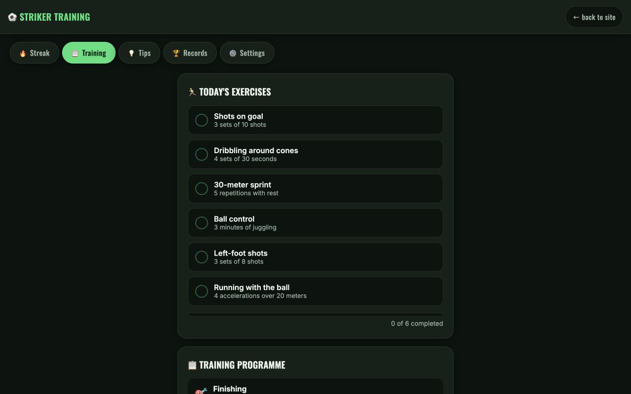 Training app with a daily streak tracker and a Start Training button